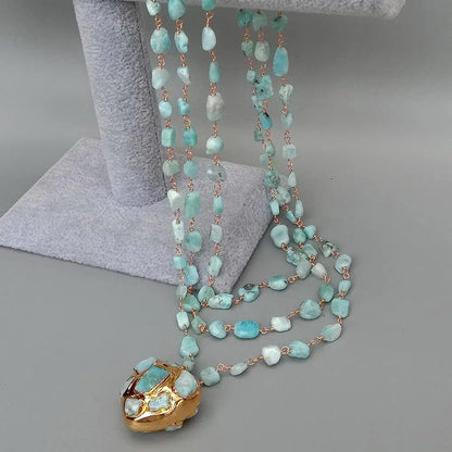 YYGEM 3 Strands Natural Blue Larimar Rosary Chain Necklace Heart-Shaped Larimar Pendant Statement Necklace for Women 18''