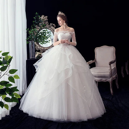 2021 New Gryffon Half Sleeve Boat Neck Wedding Ball Gown Luxury Lace Sequins Wedding Dresse Robe De Mariee