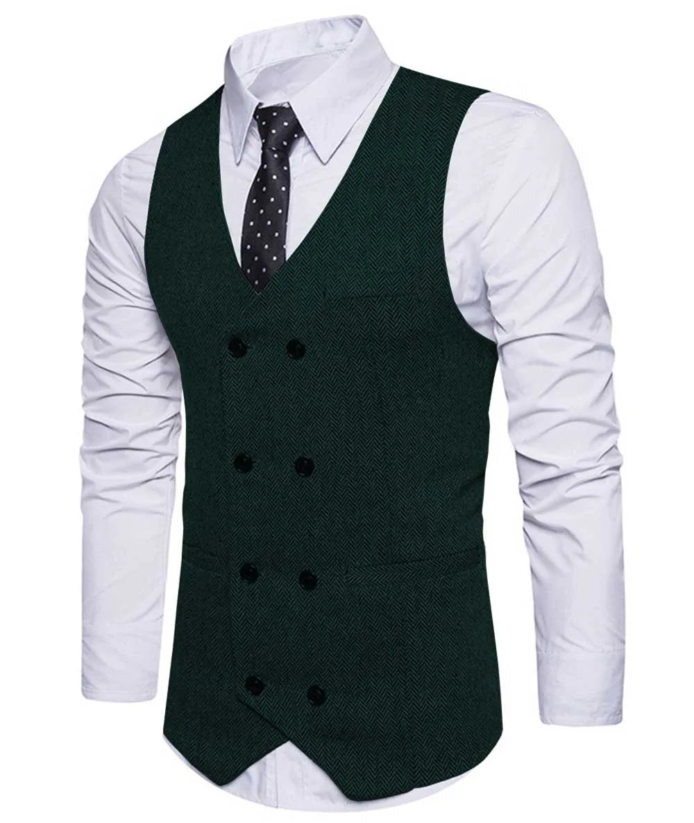 2022 New Men's Royal Blue Double-breasted Vest Suit Vest Casual Top Quality Herringbone Pattern Waistcoat For Wedding