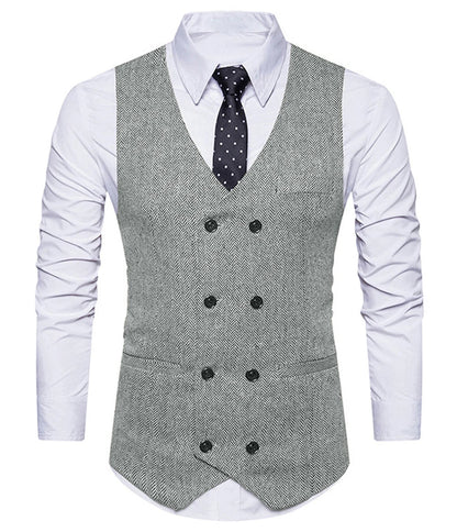 2022 New Men's Royal Blue Double-breasted Vest Suit Vest Casual Top Quality Herringbone Pattern Waistcoat For Wedding