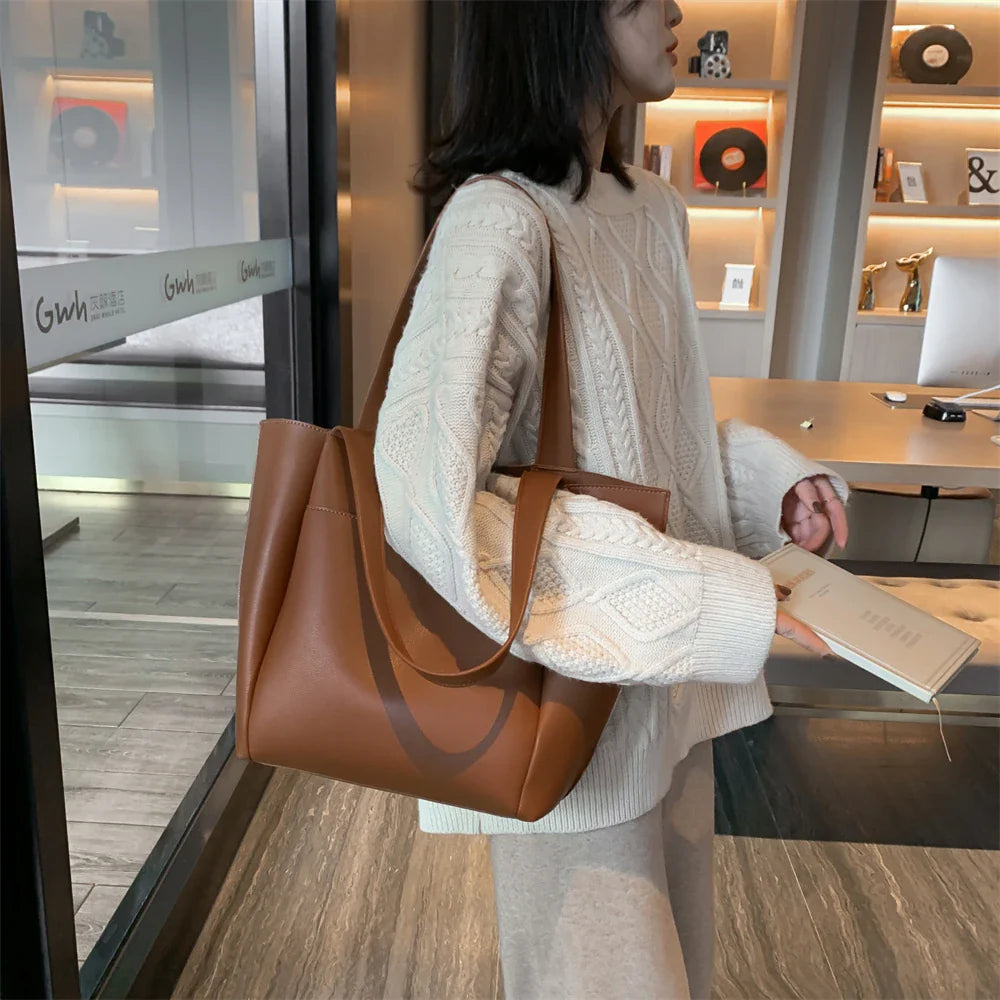 High Quality Soft Leather Woman Casual Tote Shopper Solid Color Handbags Large Capacity Single Shoulder Bag with Outer Pocket