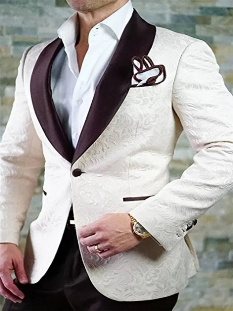Groomsmen White Pattern Groom Tuxedos Shawl Satin Lapel Men Suits 2 Pieces Wedding Bridegroom ( Jacket + Pants + Tie  ) D201