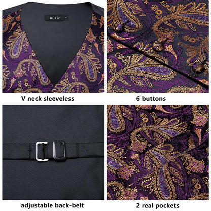 Fashion Silk Vest For Men Classic Gold Champane Yellow Waistcoat Jacket Tie Hankerchief Cufflinks Sets Dress Suit Wedding Hi-Tie