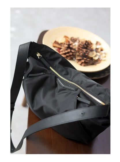 Lightweight Nylon Matching Genuine Leather Crossbody Bag High Quality Single Shoulder Bags Fashion Pleated Messenger Purses