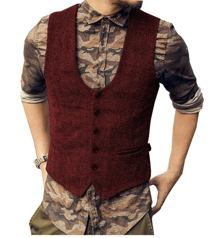 2022 Brown Men's Casual Herringbone Pattern Suit Vest Wool/Tweed Suit Vest U-neck Waistcoat Groomsmen For Wedding