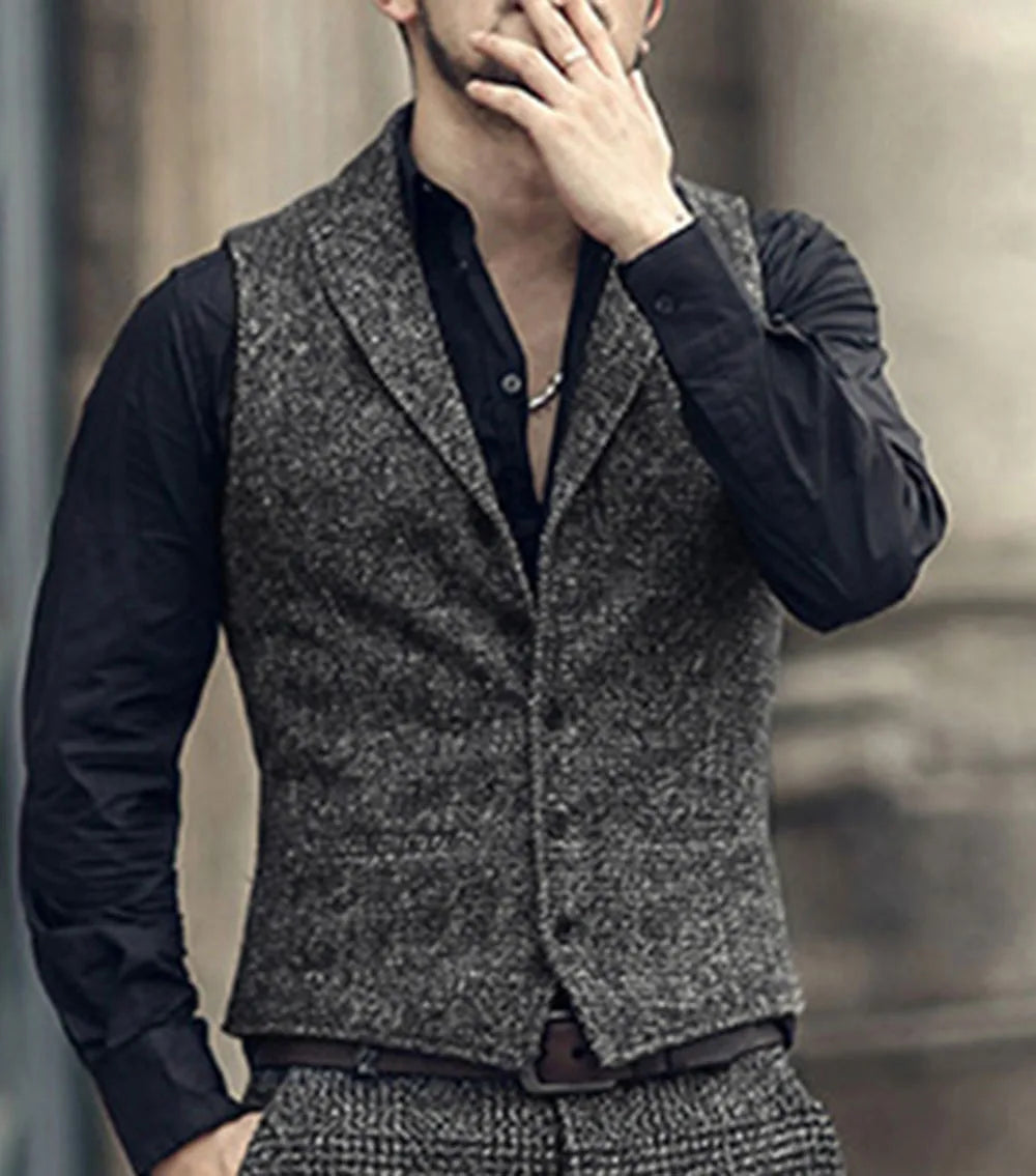 Men's Classic Suit Vest Herringbone Pattern Business Waistcoat Notch Lapel Wool Tweed Groomsmen Waistcoat For Wedding