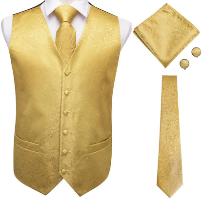 Fashion Silk Vest For Men Classic Gold Champane Yellow Waistcoat Jacket Tie Hankerchief Cufflinks Sets Dress Suit Wedding Hi-Tie