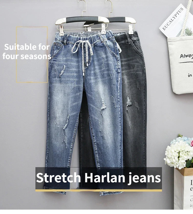 Large Size Baggy Jeans Woman High Waist Loose Harem Pants Elastic Cotton Denim Pants Women Denim Jeans Mom Ripped Jeans