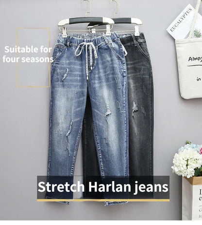 Large Size Baggy Jeans Woman High Waist Loose Harem Pants Elastic Cotton Denim Pants Women Denim Jeans Mom Ripped Jeans