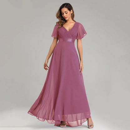 Evening Dresses Elegant V-Neck Ruffles Chiffon Formal Evening Gown  Robe Vestidos De Fiesta Dress for Wedding Party