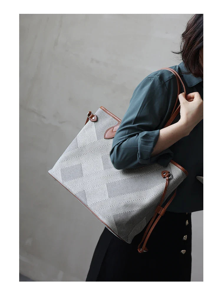 Women's Fashion Shoulder Bag Luxury Designer Handbag Large Capacity Canvas With Genuine Leather Tote For Shopping,Commuting,Work
