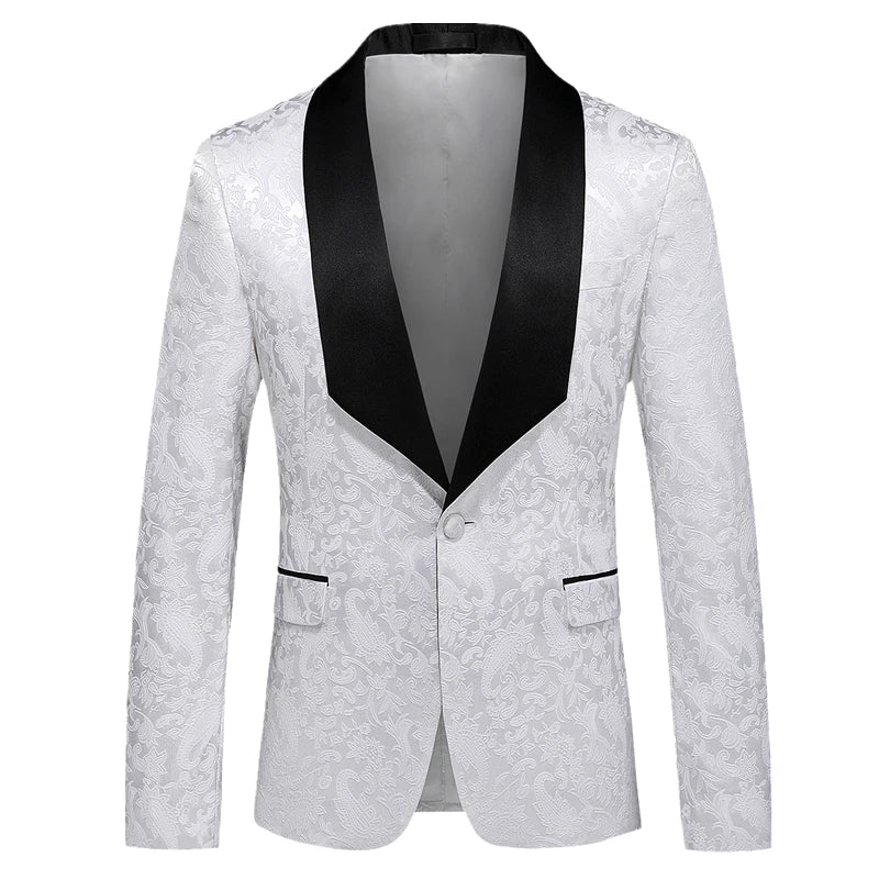 2026 New Men's White Rose Pattern Suit Jacket, Wedding Party Dress Coat, High Quality Men Slim Blazers Masculino Big Size M-6XL