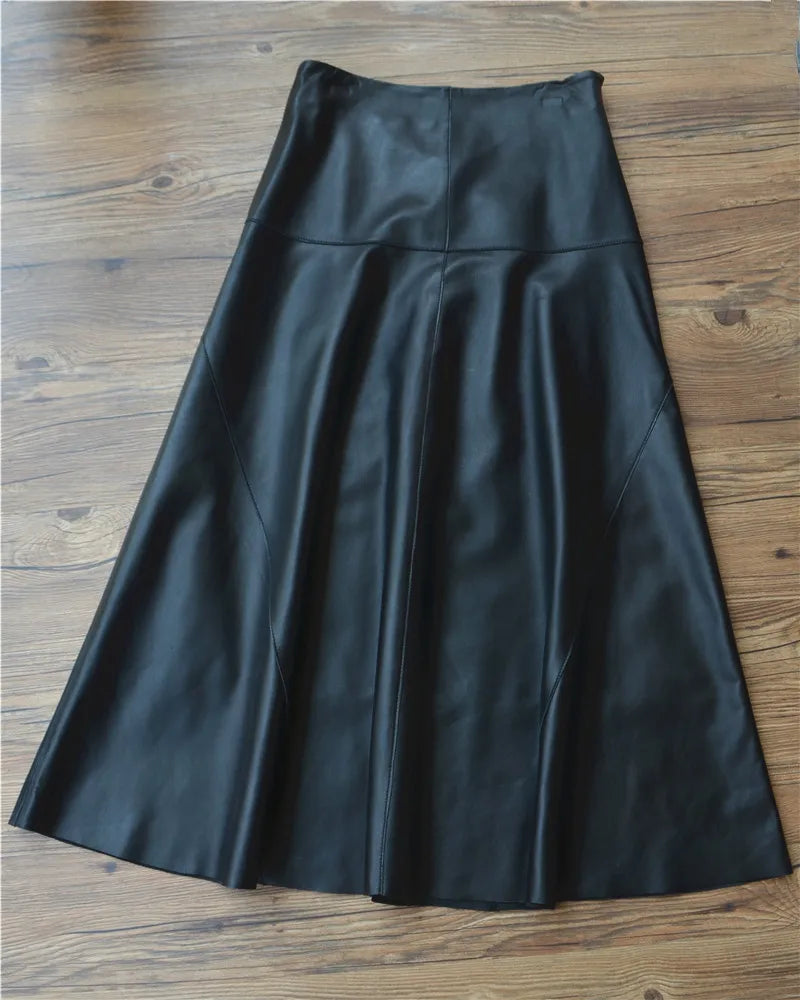 Maxi Skirt Winter Women Splendid Genuine Leather Flared Gonne Female Umbrella Large Swing Jupe Mujer 80 Long Ankle Falda Largas