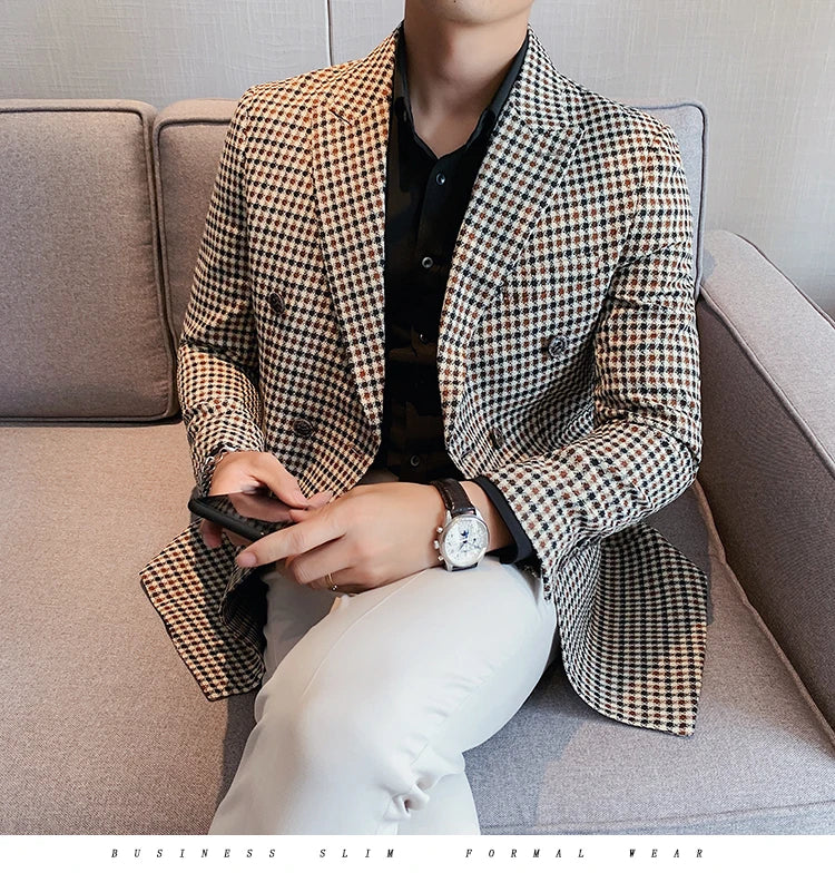 British Style Slim Fit Houndstooth Blazer For Men 2023 Fashion Double Breasted Business Office Wedding Dress Suit Jacket