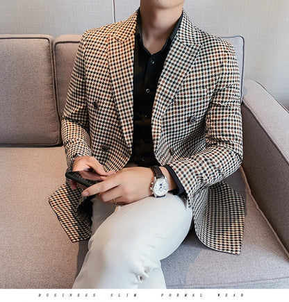 British Style Slim Fit Houndstooth Blazer For Men 2023 Fashion Double Breasted Business Office Wedding Dress Suit Jacket