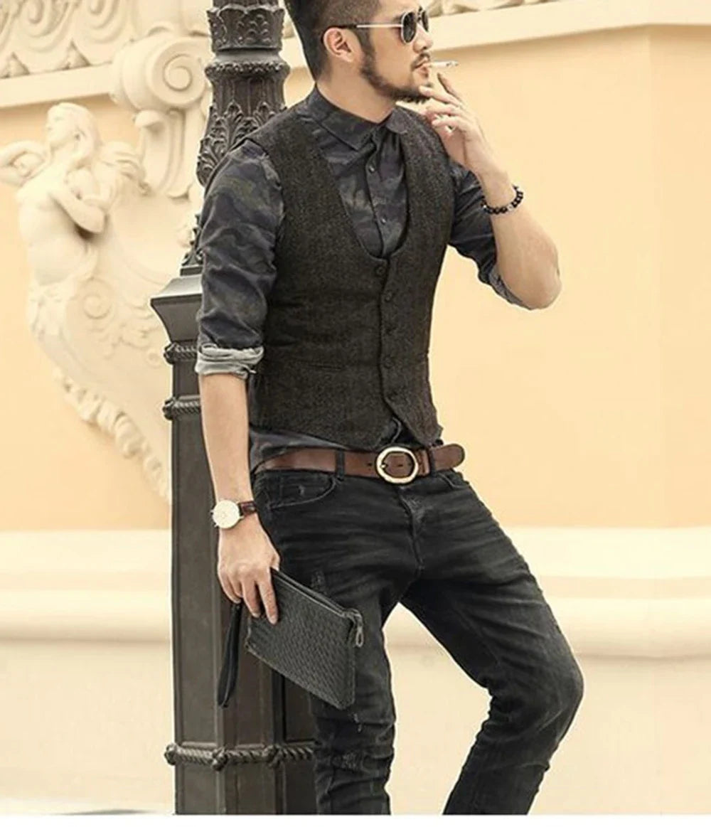 2022 Brown Men's Casual Herringbone Pattern Suit Vest Wool/Tweed Suit Vest U-neck Waistcoat Groomsmen For Wedding