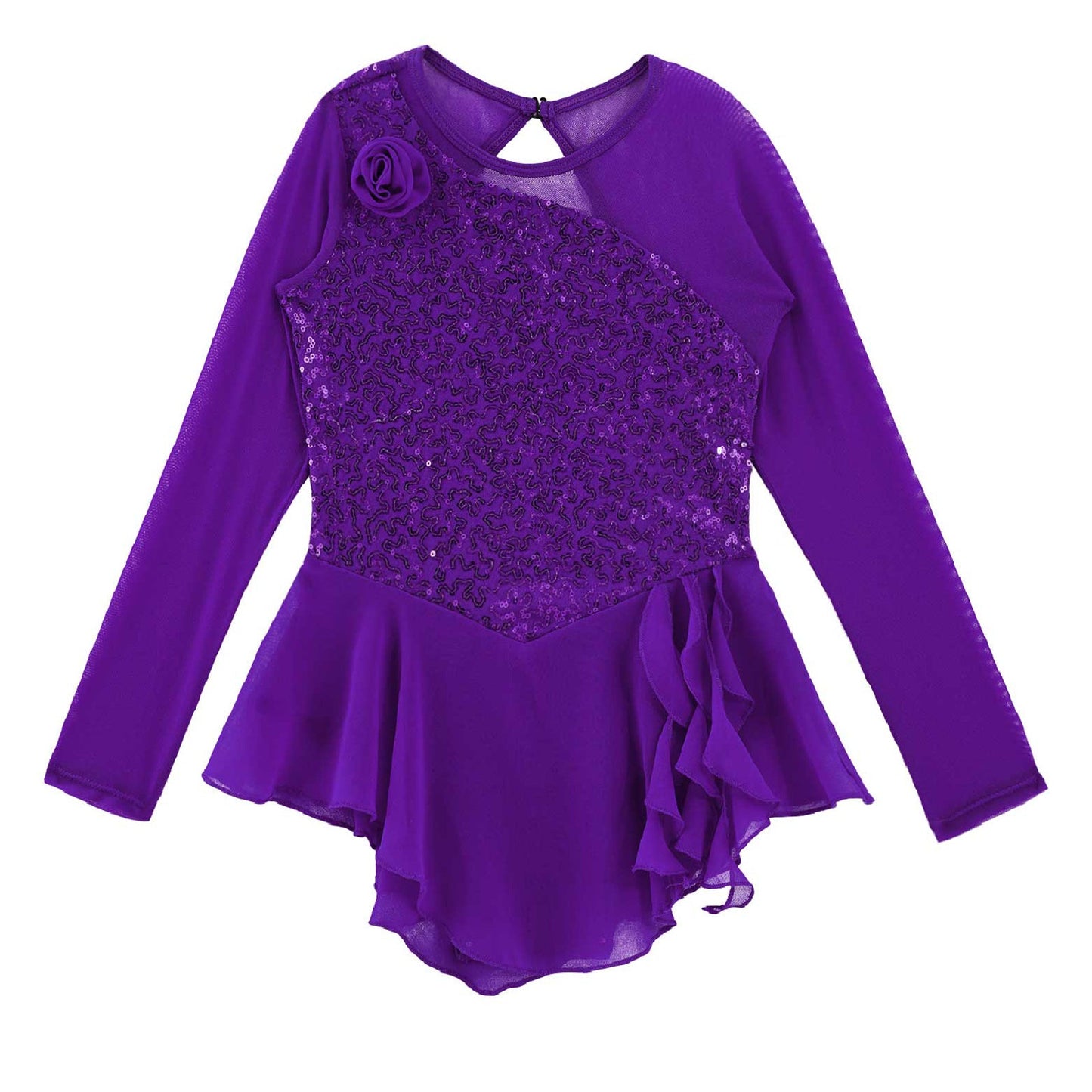 Girls Figure Ice Skating Dress Sparkly Sequin Gymnastics Dance Ballet Tutu Leotard Kids Long Sleeve Mesh Splice Dance Costume