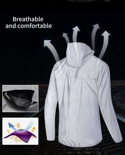 Full Reflective Jacket with Hoodie High Visibility Waterproof Wind Breaker Men Women Hiking Cycling Running Safety Vest