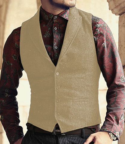 Men's Classic Suit Vest Herringbone Pattern Business Waistcoat Notch Lapel Wool Tweed Groomsmen Waistcoat For Wedding