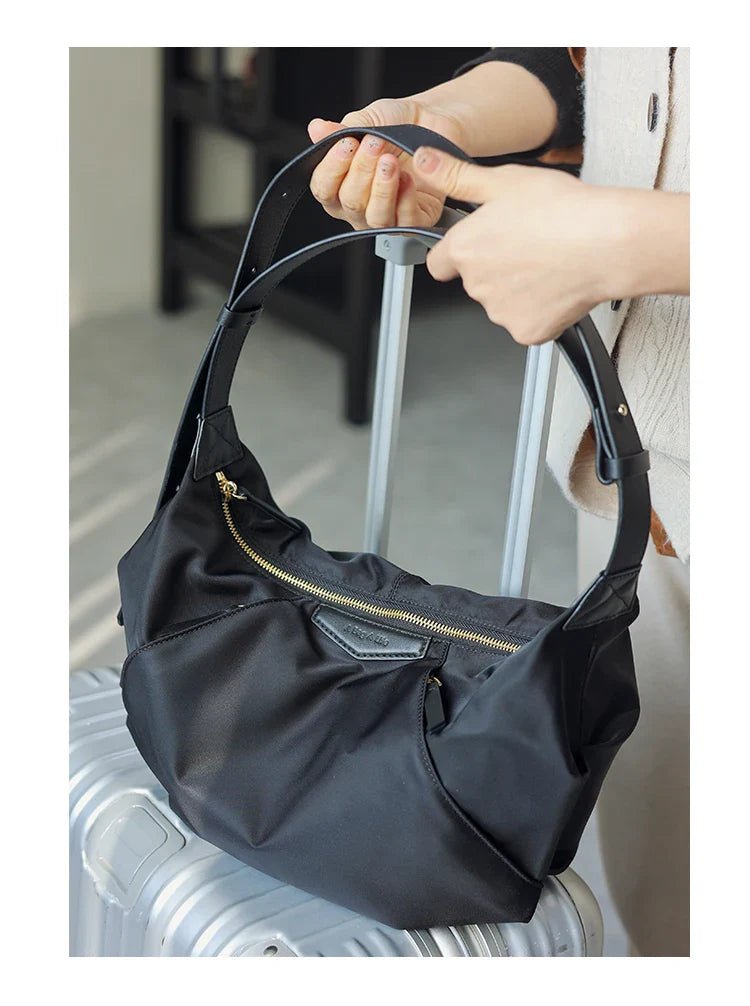 Lightweight Nylon Matching Genuine Leather Crossbody Bag High Quality Single Shoulder Bags Fashion Pleated Messenger Purses