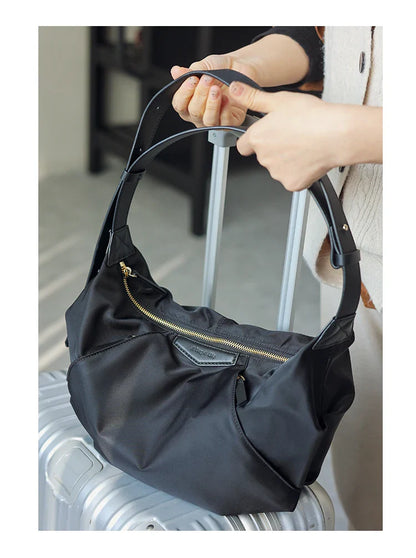 Lightweight Nylon Matching Genuine Leather Crossbody Bag High Quality Single Shoulder Bags Fashion Pleated Messenger Purses