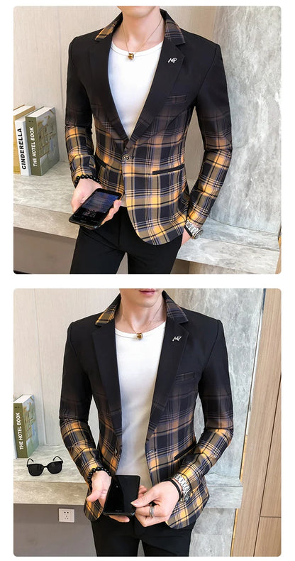2022 Spring New Colorblock Plaid Blazer Men Slim Casual Man Blazers Wedding Business Party Clothing Dress Coat Blazer M-3XL