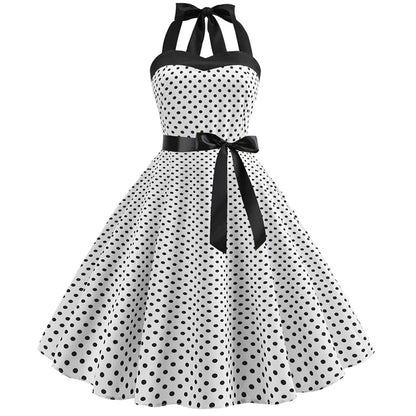 Sexy Retro White Polka Dot Dress Hepburn Vintage Halter Party Dress 50s 60s Pin Up Rockabilly Robe