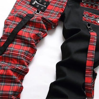Men Punk Jeans Trendy Scotland Plaid Tartan Black Denim Pants Streetwear Rivet Patchwork Spliced Slim Straight Trousers