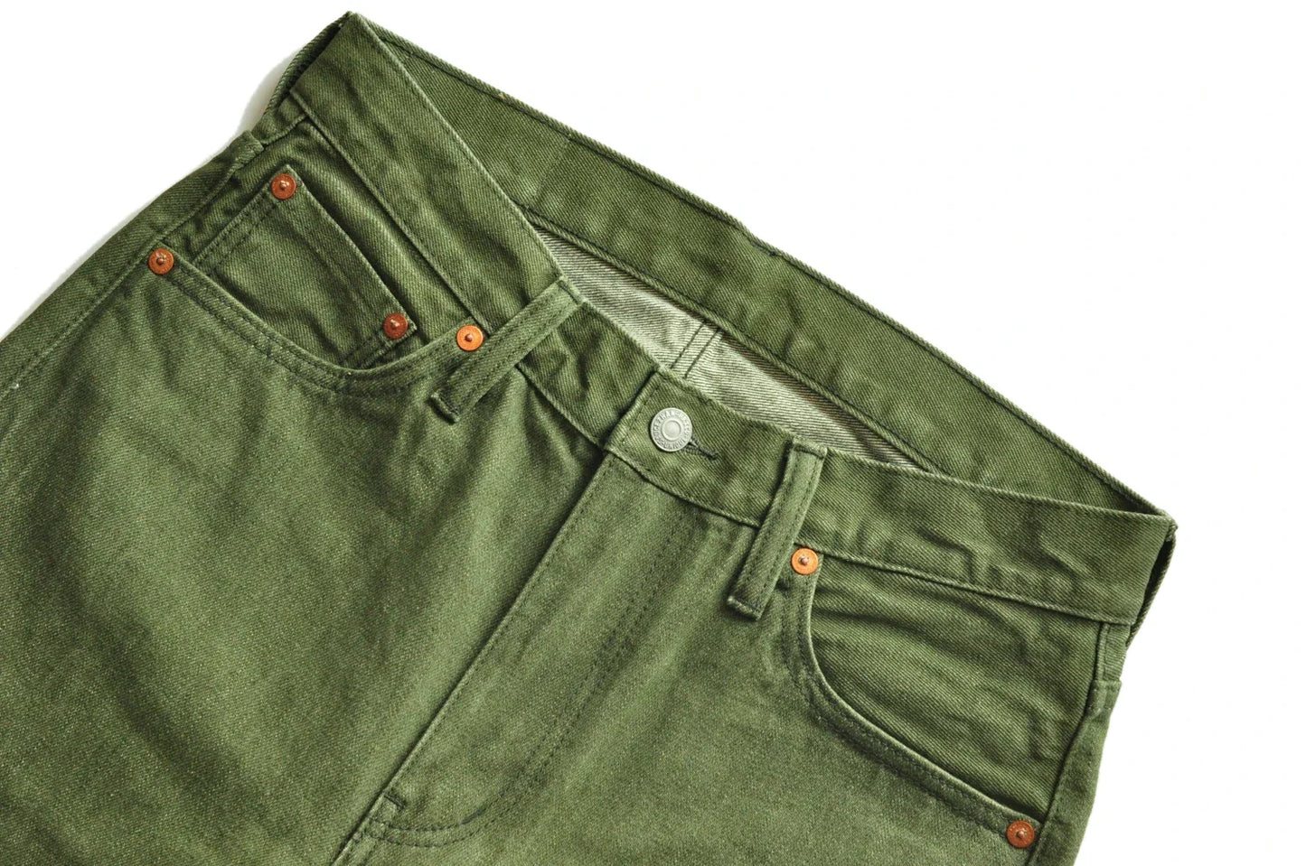 Men Jeans Vulcanization Olive Green 107 Selvedge Denim Jeans Men Washed Slim Fit 14 Oz Zipper Fly