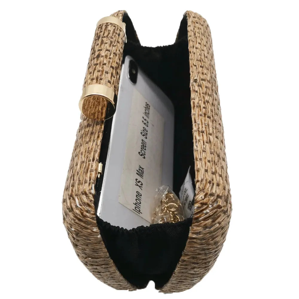 Straw Women Metal Clutches Chain Shoulder and Crossbody Bags Ladies Party Cockatail Evening Beach Clutch Purse