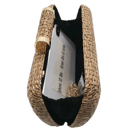 Straw Women Metal Clutches Chain Shoulder and Crossbody Bags Ladies Party Cockatail Evening Beach Clutch Purse