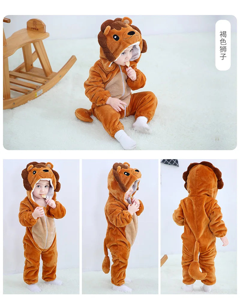 Winter Baby Rompers Baby Pijamas Panda Tiger Leopard Monkey Fox Animal Cartoon Hooded Jumpsuits Cosplay Costume Boys Girl Pajama