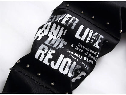 Men's Scotland Red Plaid Tartan Patchwork Jeans Punk Rivet Patch Black Denim Pants Skull Letters Printed Slim Straight Trousers