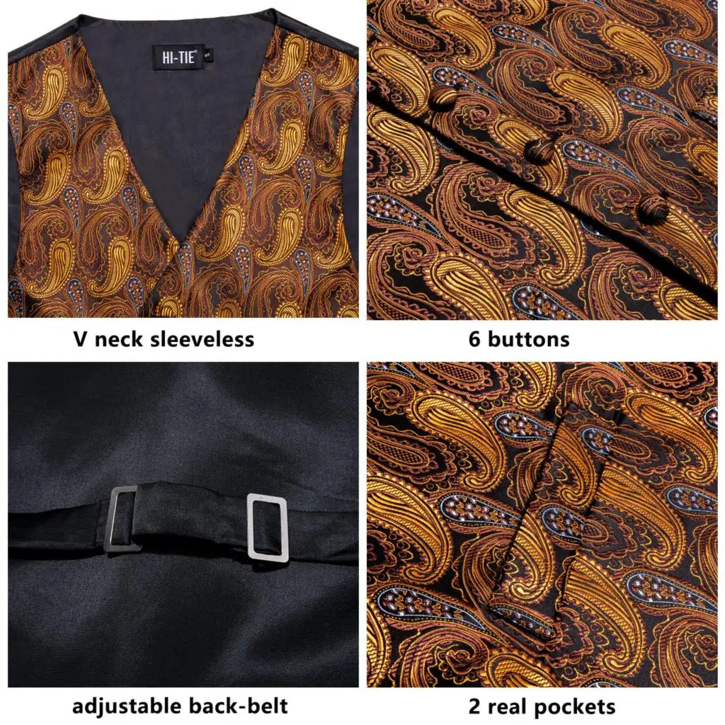Fashion Silk Vest For Men Classic Gold Champane Yellow Waistcoat Jacket Tie Hankerchief Cufflinks Sets Dress Suit Wedding Hi-Tie
