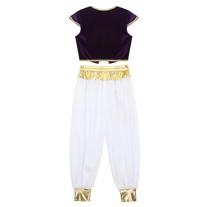 Boys Mythical Prince Arabian Carnival Cosplay Outfit Halloween Party Arabian Prince Role Play Waistcoat Vest Top+Belted Pants