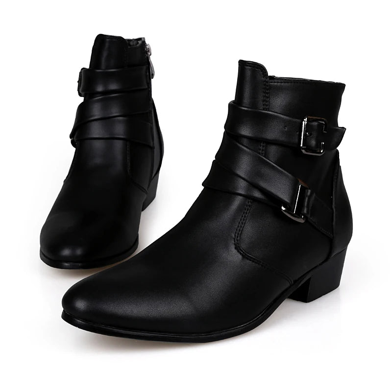 Fashion Men Spring Autumn Pointed Toe Height Increase Chelsea Ankle Boots Western High Top Casual Shoe PU Leather