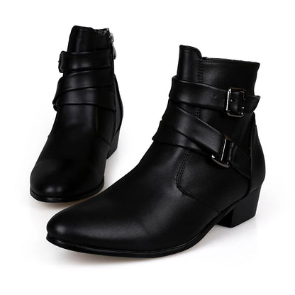 Fashion Men Spring Autumn Pointed Toe Height Increase Chelsea Ankle Boots Western High Top Casual Shoe PU Leather