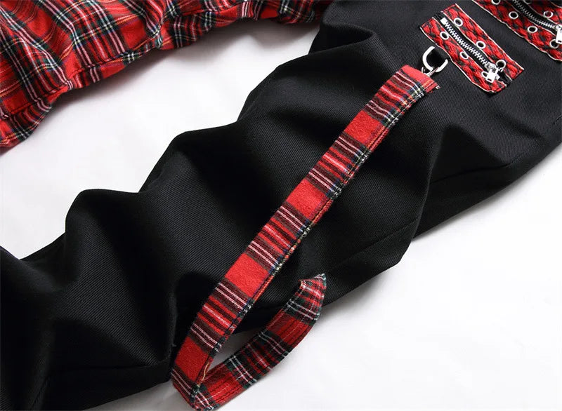 New Fashion Red Plaid Patchwork Punk Zipper Men Pencil Jeans Trousers Y2K Buckle Hip Hop Gothic Slim Denim Pants Pantaloni Uomo