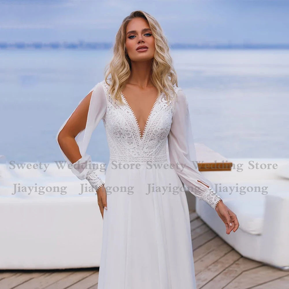 Charming Beach Wedding Dress Long Sleeves Cut V Neck Lace Chiffon Bridal Dresses Open Back Plus Size Bride Gown