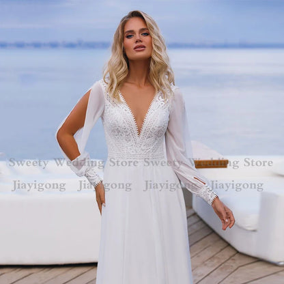 Charming Beach Wedding Dress Long Sleeves Cut V Neck Lace Chiffon Bridal Dresses Open Back Plus Size Bride Gown