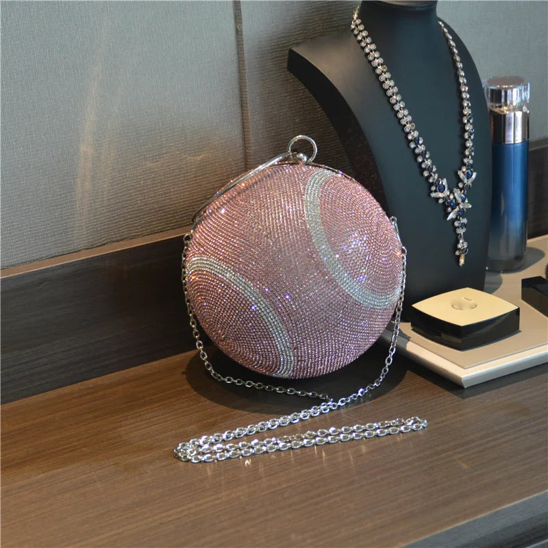 Lady Yellow Pink Black Diamond Day Clutches Rhinestone Pearl Evening Bag Circular Shaped Chain Shoulder Handbags For Party Purse