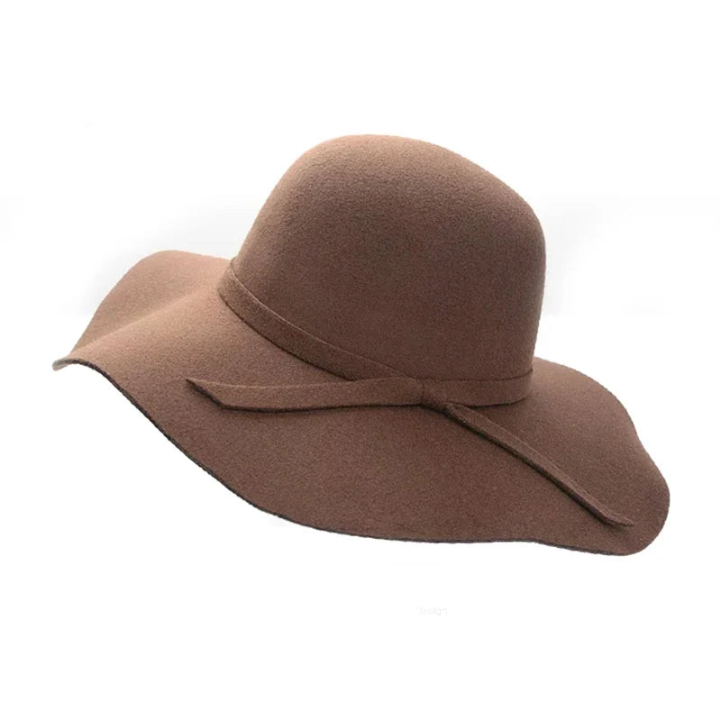 Women's Wide Brim Felt Bowler Faux Wool Fedora Hat Floppy Sun Bowknot Cloche Cap Bowlers Hat for Ladies gorros mujer invierno