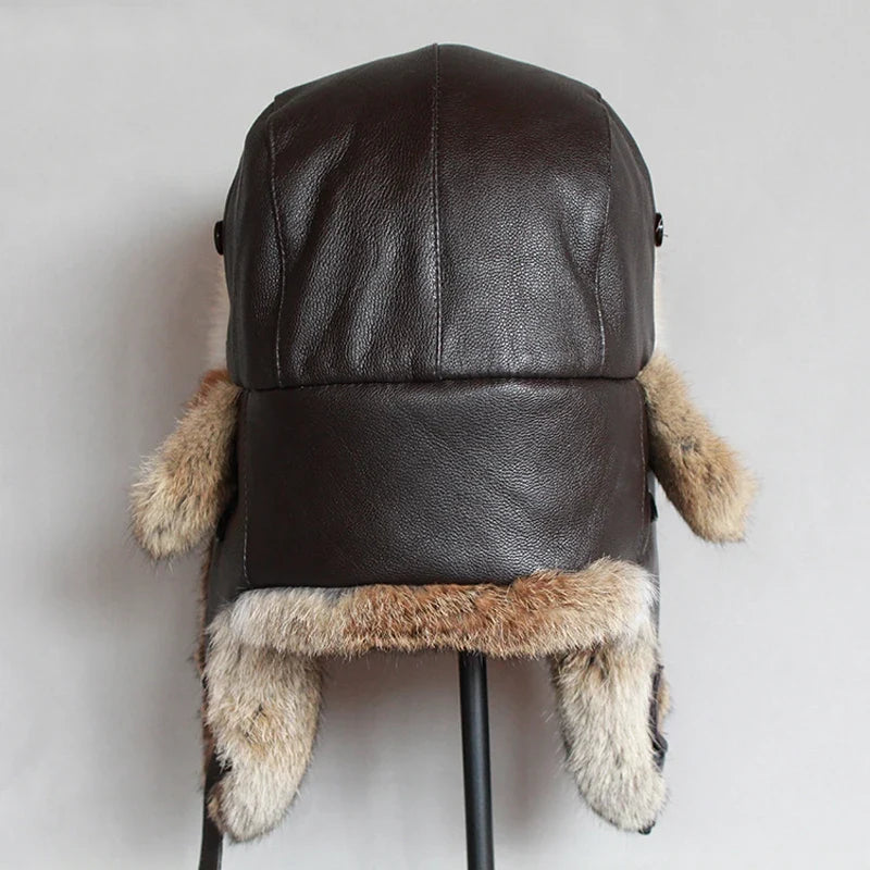 Winter Fur Bomber Hat Men Women Leather Russian Hat Snow Trapper Cap Warflap Ushanka