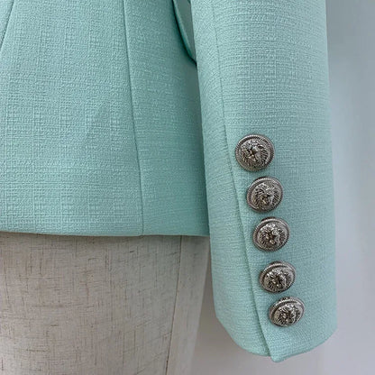 HIGH STREET 2026 Classic Baroque Designer Jacket Women's Metal Lion Buttons Double Breasted Textured Blazer Mint Green