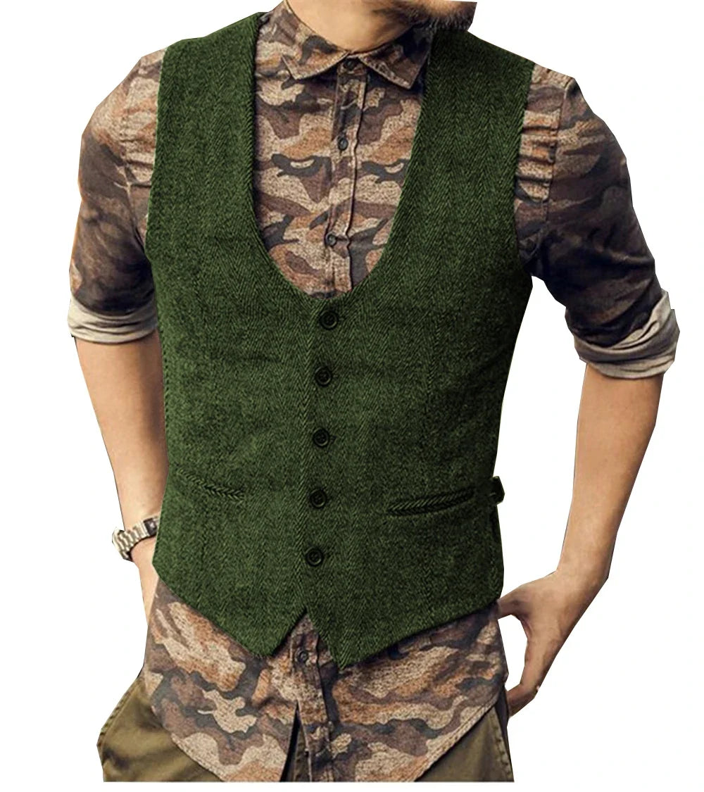 2022 Brown Men's Casual Herringbone Pattern Suit Vest Wool/Tweed Suit Vest U-neck Waistcoat Groomsmen For Wedding