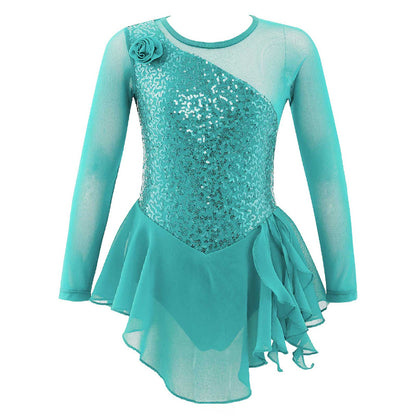 Girls Figure Ice Skating Dress Sparkly Sequin Gymnastics Dance Ballet Tutu Leotard Kids Long Sleeve Mesh Splice Dance Costume