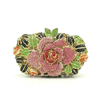 Green Pink Multicolored Rose Crystal Women Evening Clutches Bags Diamond Wedding Cocktail Party Purse And Stone Handbag
