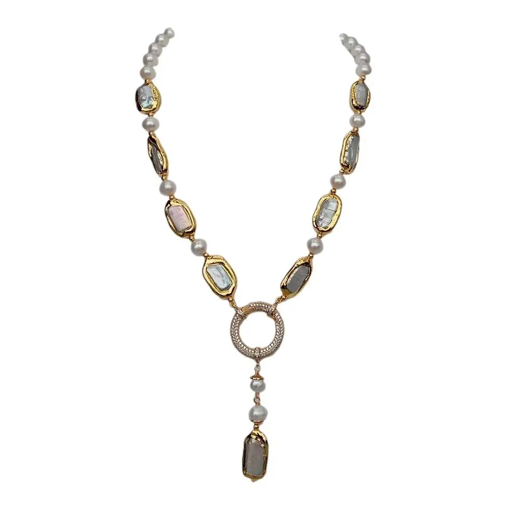 Natural 8-9mm Round Rectangle Cultured White Biwa Pearl Round Freshwater Pearl Y-Drop Necklace 18.5'
