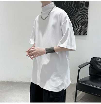 Streetwear Turtleneck Men Tshirt Solid Hip Hop Male Oversized T Shirts Man Casual Short Sleeve Top Tees Black/White/Purple