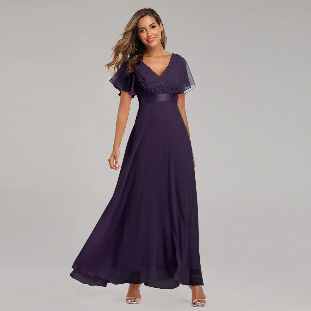 Evening Dresses Elegant V-Neck Ruffles Chiffon Formal Evening Gown  Robe Vestidos De Fiesta Dress for Wedding Party